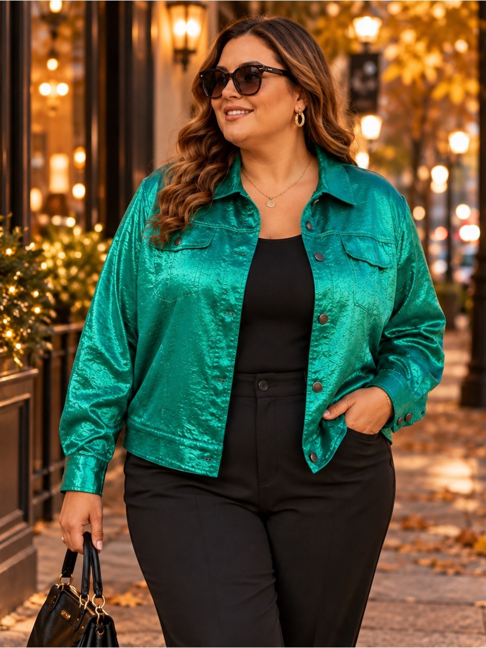 Choices Emerald Satin Look Jacket XL | Holiday Statement Layer